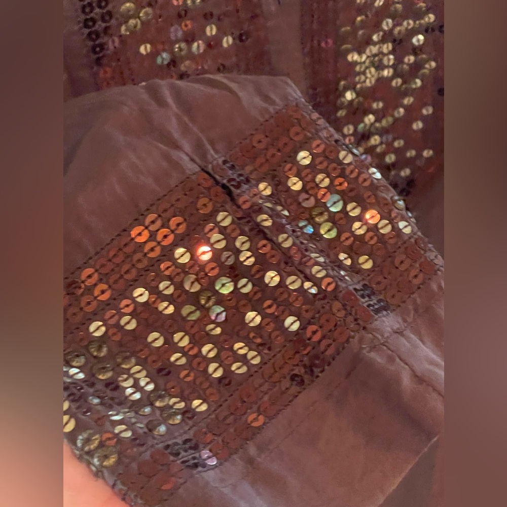 Cotton Dark Brown Poncho w/ Copper and Gold Sequin Neck and Sleeve Cuffs: Sz 1 - Picture 4 of 11
